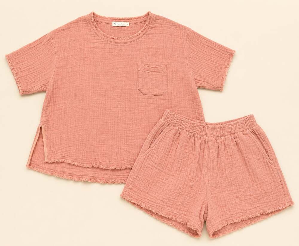 By Together Dusty Rose Cotton Gauze Boho Coastal Set Shorts Top M